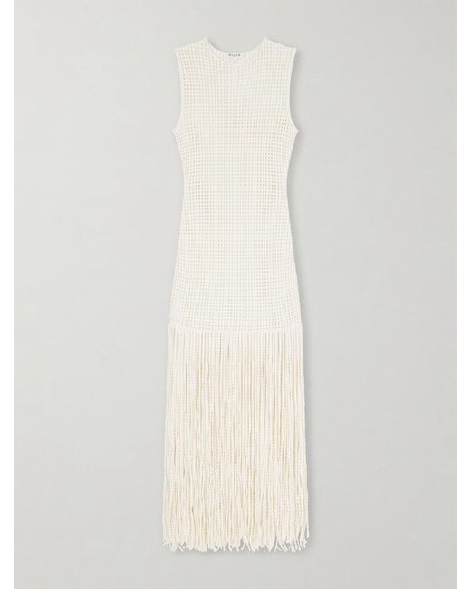 Alaïa White Fringed Open-Knit Midi Dress