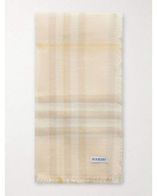 Burberry Natural Frayed Checked Wool Scarf
