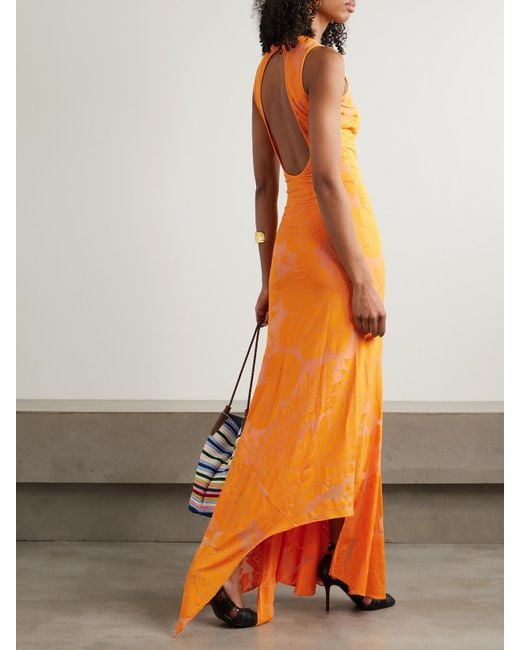 Etro Orange Asymmetric Open-Back Devoré-Jersey Maxi Dress