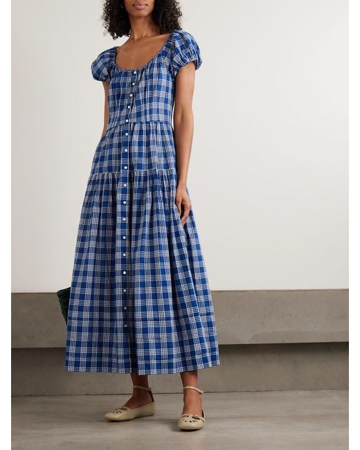 Doen Blue Valenne Tiered Checked Organic Cotton Midi Dress