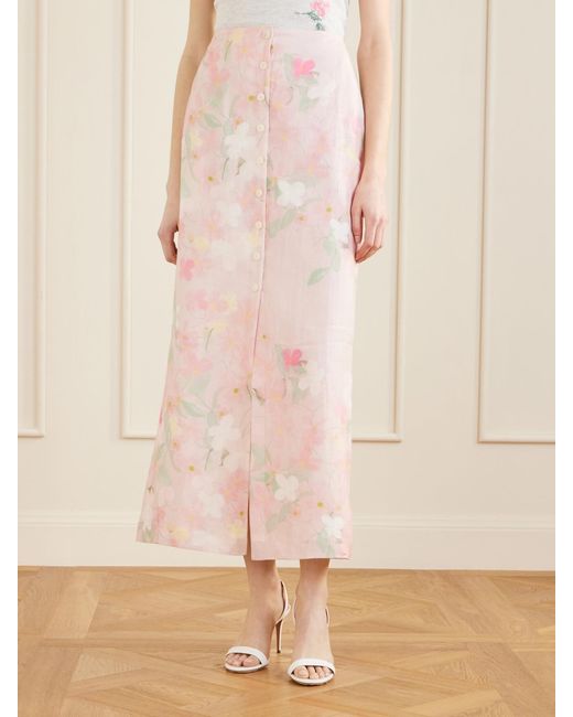 BERNADETTE Pink Carmen Floral-Printed Linen Midi Skirt