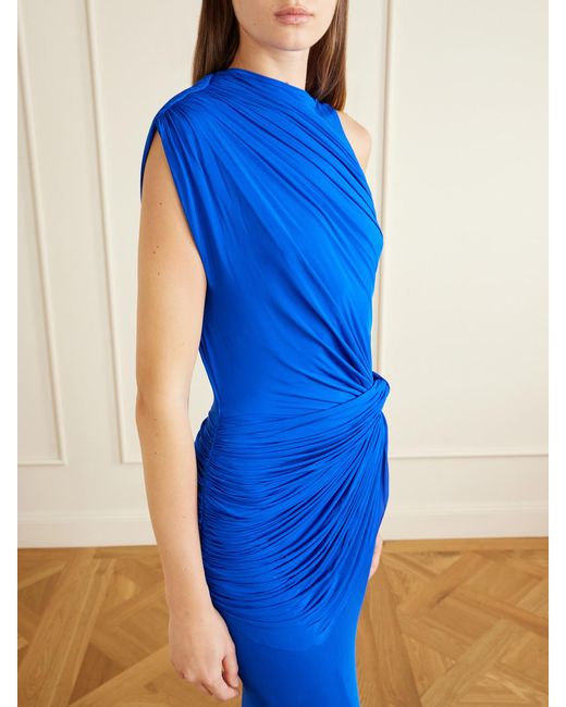Alex Perry Blue Asymmetric Gathered Stretch-Jersey Gown