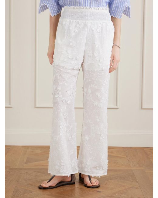 Loretta Caponi White Speranza Embroidered Fil-Coupé Cotton Straight-Leg Pants