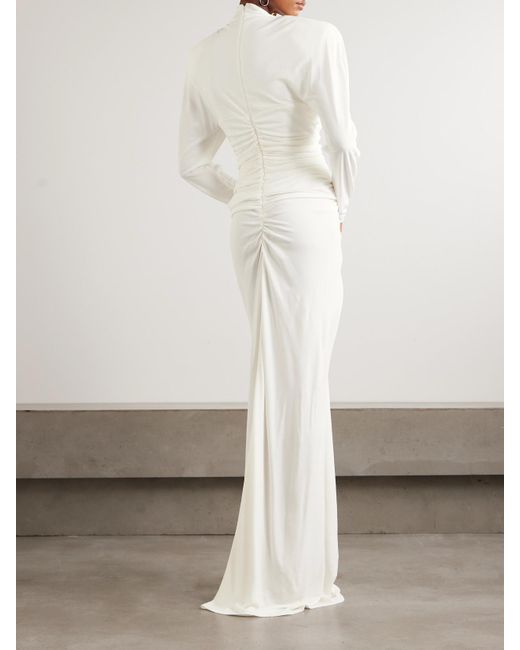 Stella McCartney White Mesh-Paneled Ruched Crepe Gown