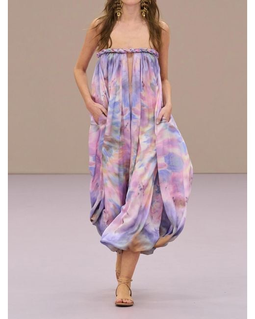Zimmermann Purple Luna Strapless Gathered Printed Silk-Satin Jumpsuit