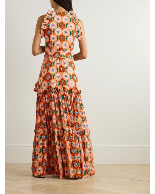Borgo De Nor White Tatiana Belted Ruffled Printed Crepe Maxi Dress