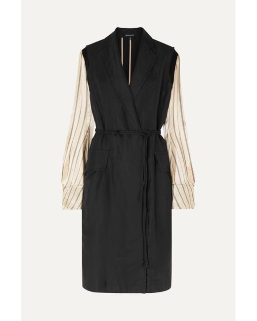 Ann Demeulemeester Black Satin-Paneled Linen-Blend Twill Coat