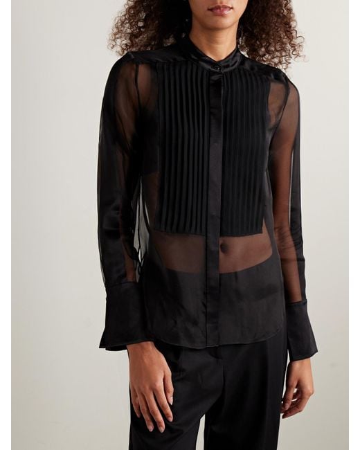 Twp Black Peyton Pintucked Silk-Organza And Satin Blouse