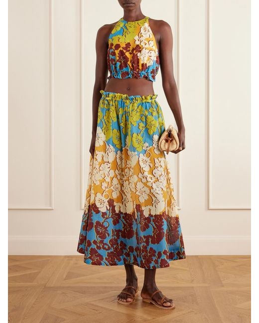 ALÉMAIS Blue Splice Cropped Floral-Print Cotton And Silk-Blend Top