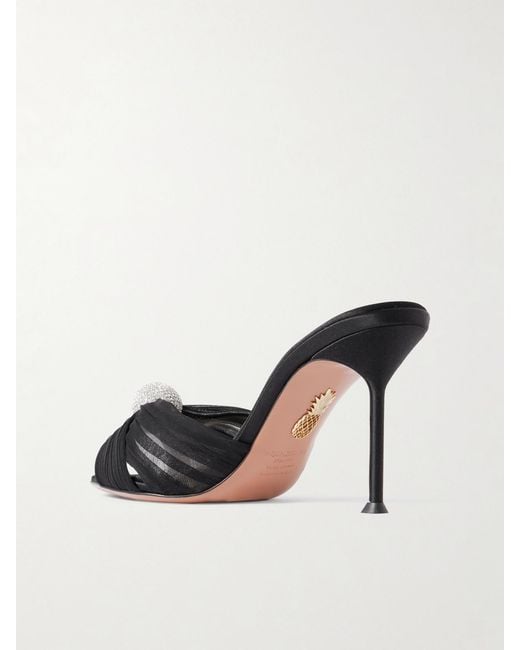 Aquazzura Black Mystery 85 Crystal-Embellished Leather-Trimmed Chiffon Mules