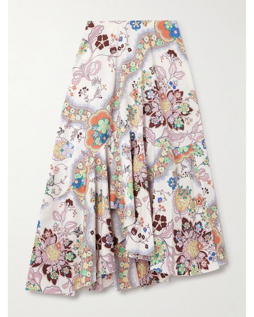 Etro White Asymmetric Floral-Print Cotton-Poplin Midi Skirt