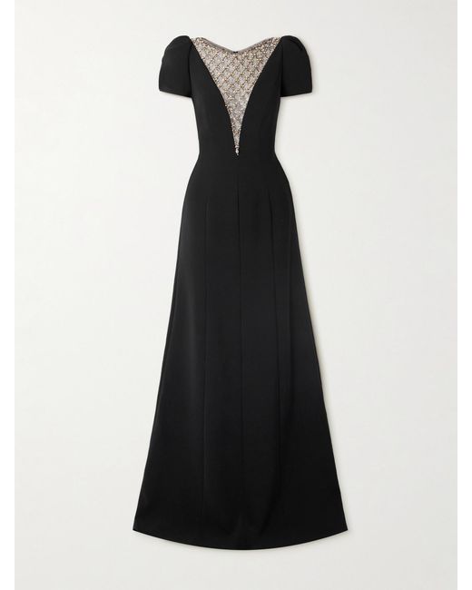 Jenny Packham Black Empress Embellished Tulle-Paneled Crepe Gown