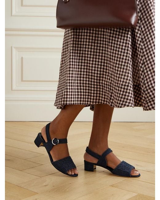 Manolo Blahnik Blue Vibius 30 Sandalen Aus Denim Mit Fischgratmuster