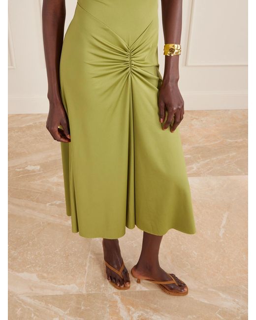 Victoria Beckham Green Gathered Satin-Jersey Midi Dress