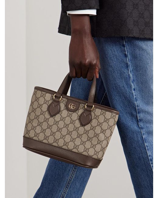 Gucci Brown Ophidia Mini Embellished Leather-Trimmed Printed Coated-Canvas Tote
