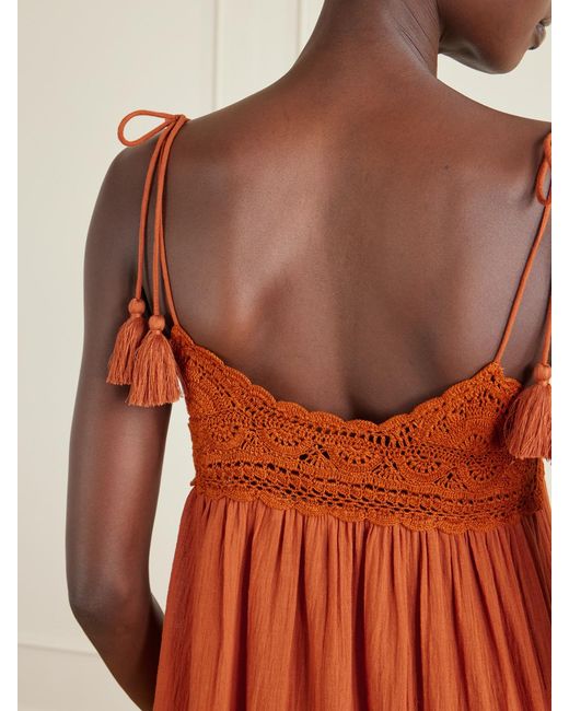 Ulla Johnson Orange Linnea Tasseled Crochet-Trimmed Cotton Midi Dress