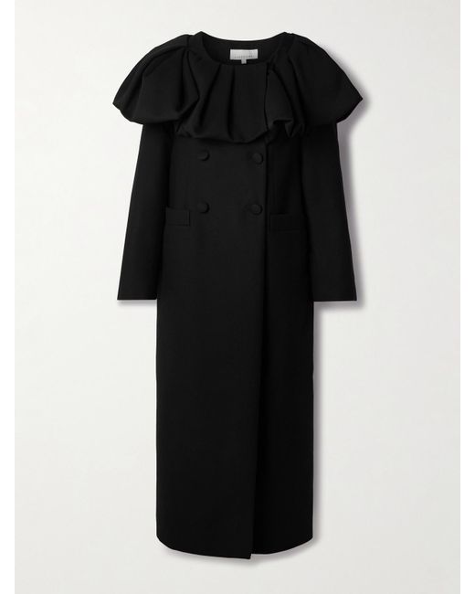 LIBEROWE Black Bombardo Double-Breasted Pleated Ruffled Wool-Twill Coat