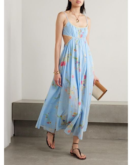 Zimmermann Blue Lucky Picnic Cutout Crocheted Lace-Trimmed Printed Cotton-Voile Maxi Dress