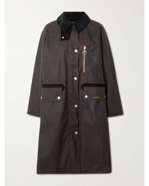 Barbour Black Evette Corduroy-Trimmed Waxed-Cotton Trench Coat
