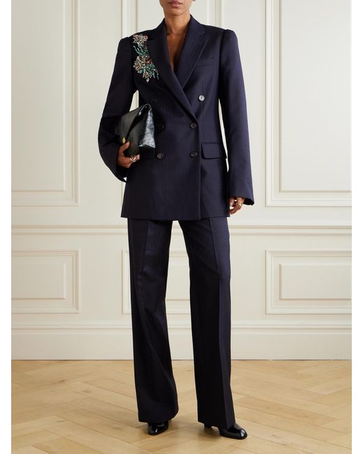 Dries Van Noten Blue Pleated Herringbone Wool Straight-Leg Pants
