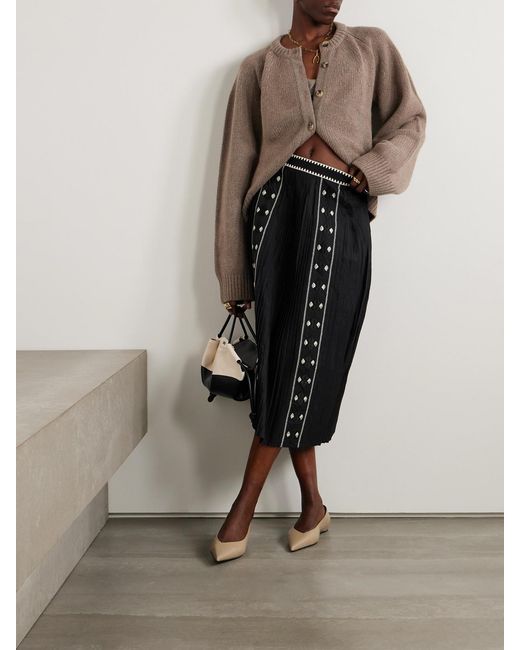 Ulla Johnson Black Sabina Pleated Embroidered Cotton-Poplin Midi Skirt