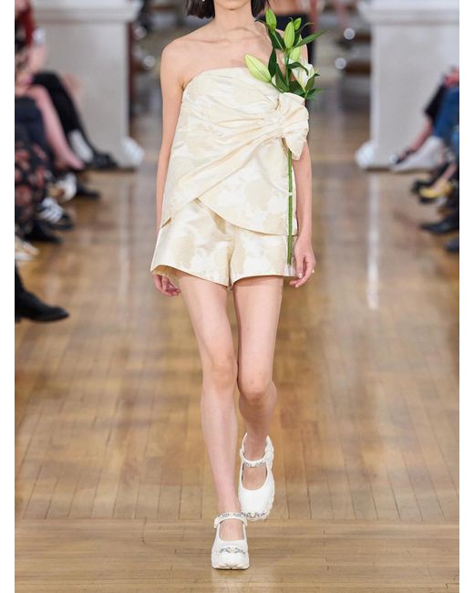 Simone Rocha Natural Gathered Flower Sash Satin Brocade Top