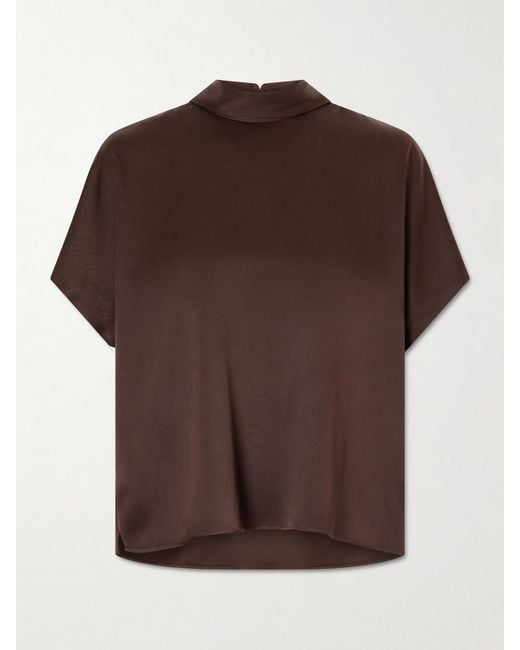 Brunello Cucinelli Brown Draped Silk-Satin Blouse