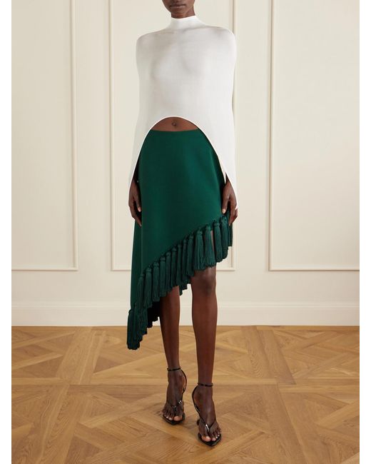 Alaïa Green Tassle Fringed Asymmetric Wool-Gabardine Midi Skirt