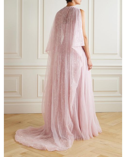 Marmar Halim Pink Robe Aus Plissiertem Chiffon Mit Cape-Effekt Und Pailletten