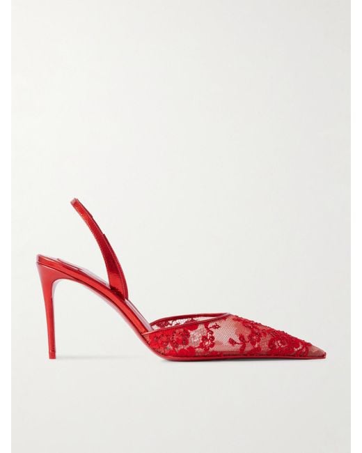 Christian Louboutin Red Kate Max Slingback-Sandalen Aus Spitze Mit Metallic-Lederbesätzen Und Kristallen