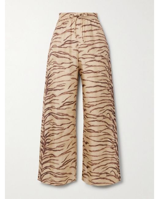 Stella McCartney Natural Tiger-Print Silk-Twill Wide-Leg Pants