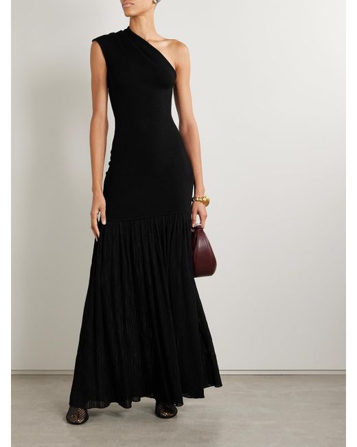 Proenza Schouler Black Cora One-Shoulder Stretch-Knit And Pleated Crepon Maxi Dress