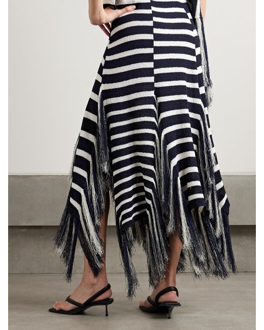 Proenza Schouler Blue Yves Asymmetric Fringed Striped Knitted Maxi Skirt