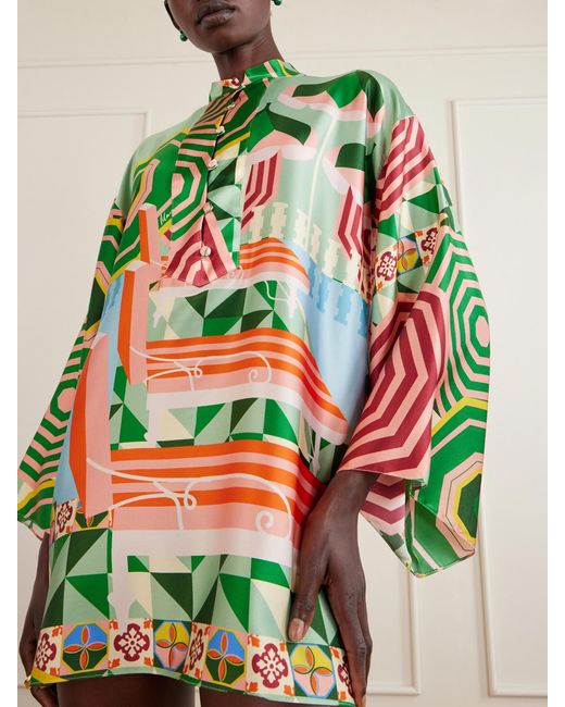 Christiano Marchelli Green Maria Printed Silk-Blend Satin Coverup