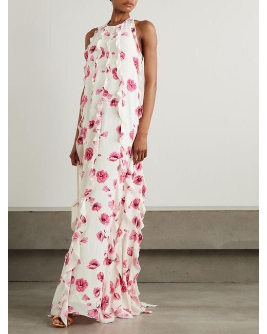 Emilia Wickstead Pink Fleurine Ruffled Floral-Print Silk Crepe De Chine Halterneck Gown
