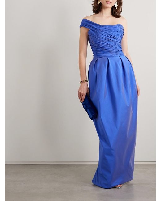 Marmar Halim Blue One-Shoulder Gathered Plissé-Taffeta Gown