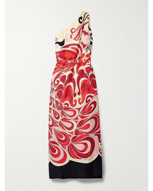 LaDoubleJ Red Roy One-Shoulder Printed Silk-Twill Maxi Dress