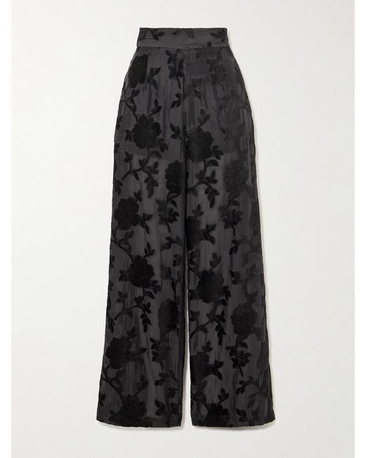 Loretta Caponi Black Cipro Devoré-Velvet Straight-Leg Pants