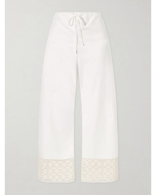 Calle Del Mar White Heriloom Lace-Trimmed Cotton-Poplin Wide-Leg Pants