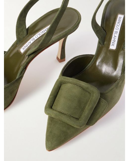 Manolo Blahnik Metallic Maysli 70 Buckled Suede Slingback Pumps