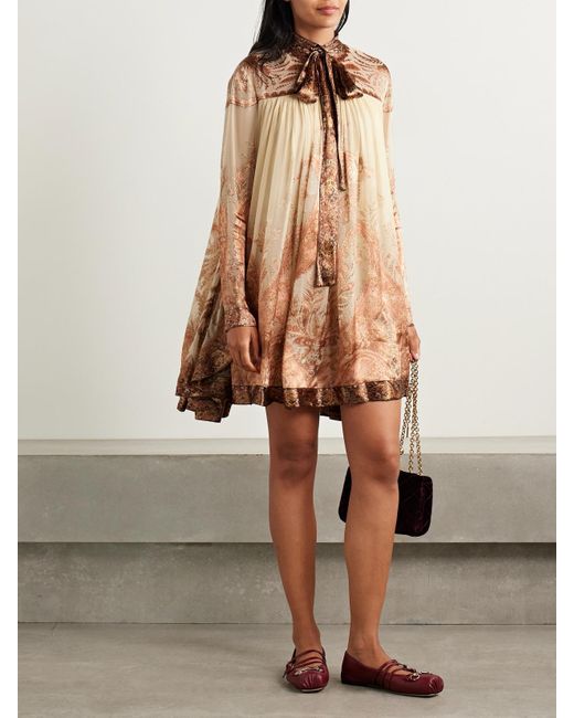 Zimmermann Natural Hypnotic Tie-Neck Paisley-Print Devoré-Velvet Mini Dress