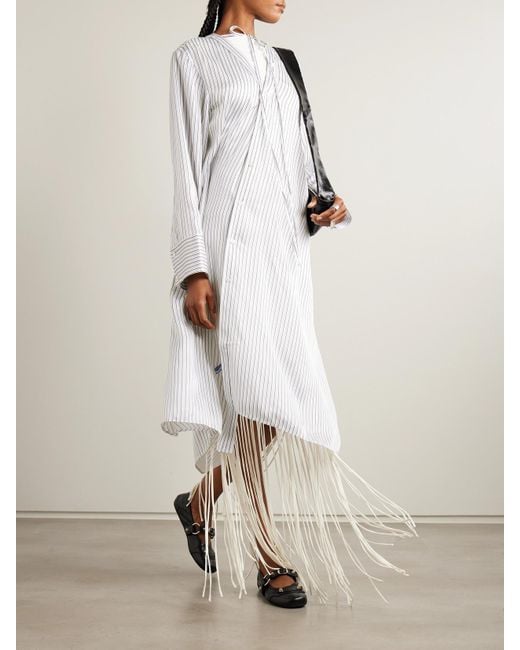 Acne White Asymmetrisches Midikleid Aus Gestreiftem Satin Mit Prints