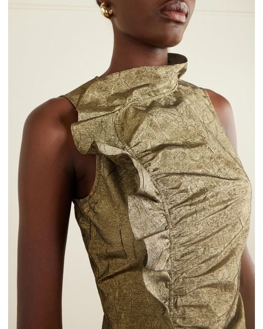 Ulla Johnson Natural Demetria Asymmetric Ruffled Metallic Taffeta Midi Dress