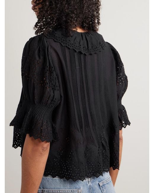 Doen Black Henri Cropped Ruffled Pintucked Broderie Anglaise Cotton Top