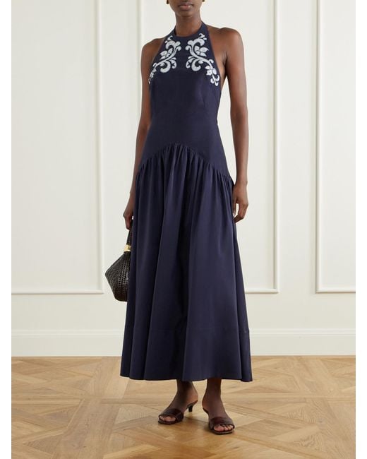 ALÉMAIS Blue Dillon Crystal-Embellished Appliquéd Embroidered Cotton-Blend Poplin Halterneck Maxi Dress