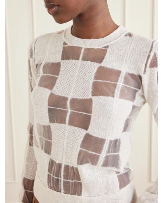 Haikure White Paul Checked Mesh-Trimmed Knitted Sweater