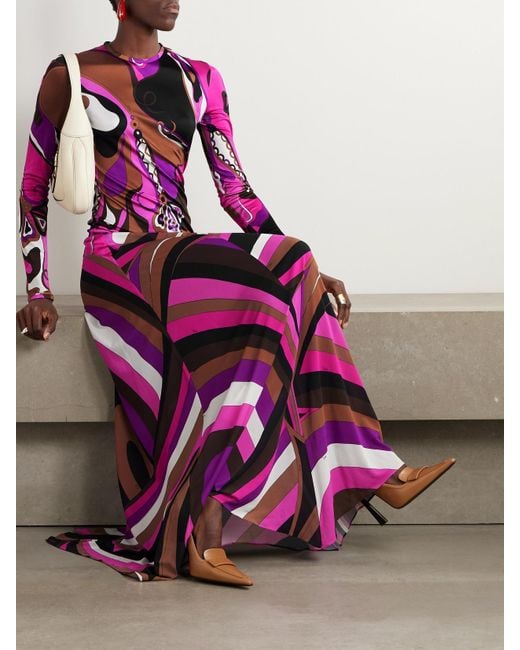 Emilio Pucci Purple Pleated Paneled Printed Satin-Jersey And Stretch-Mesh Maxi Dress