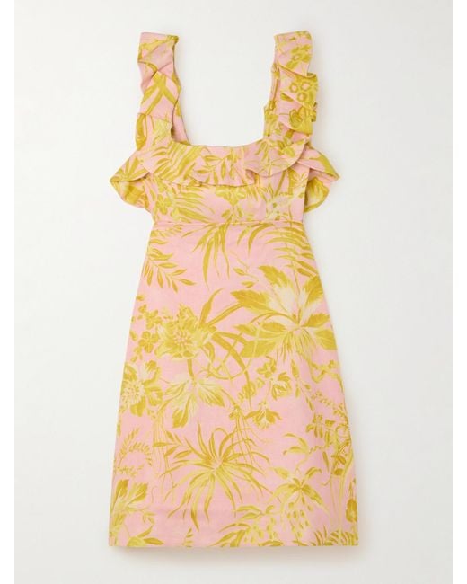 Zimmermann Yellow Golden Rückenfreies Minikleid Aus Leinen Mit Blumenprint, Rüschen Und Schleife