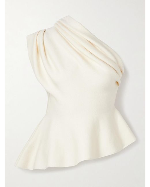 Khaite Natural Aimee Asymmetric One-Shoulder Wool-Blend Peplum Top