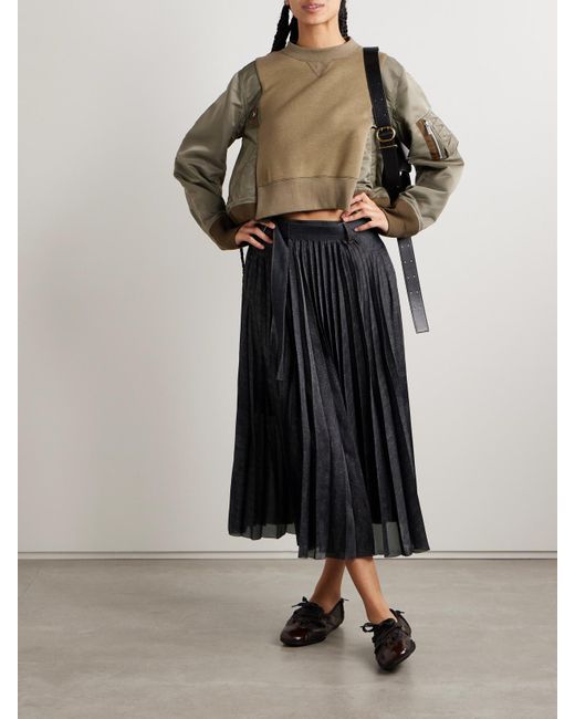 Sacai Blue Denim-Trimmed Pleated Printed Crepe De Chine Midi Wrap Skirt